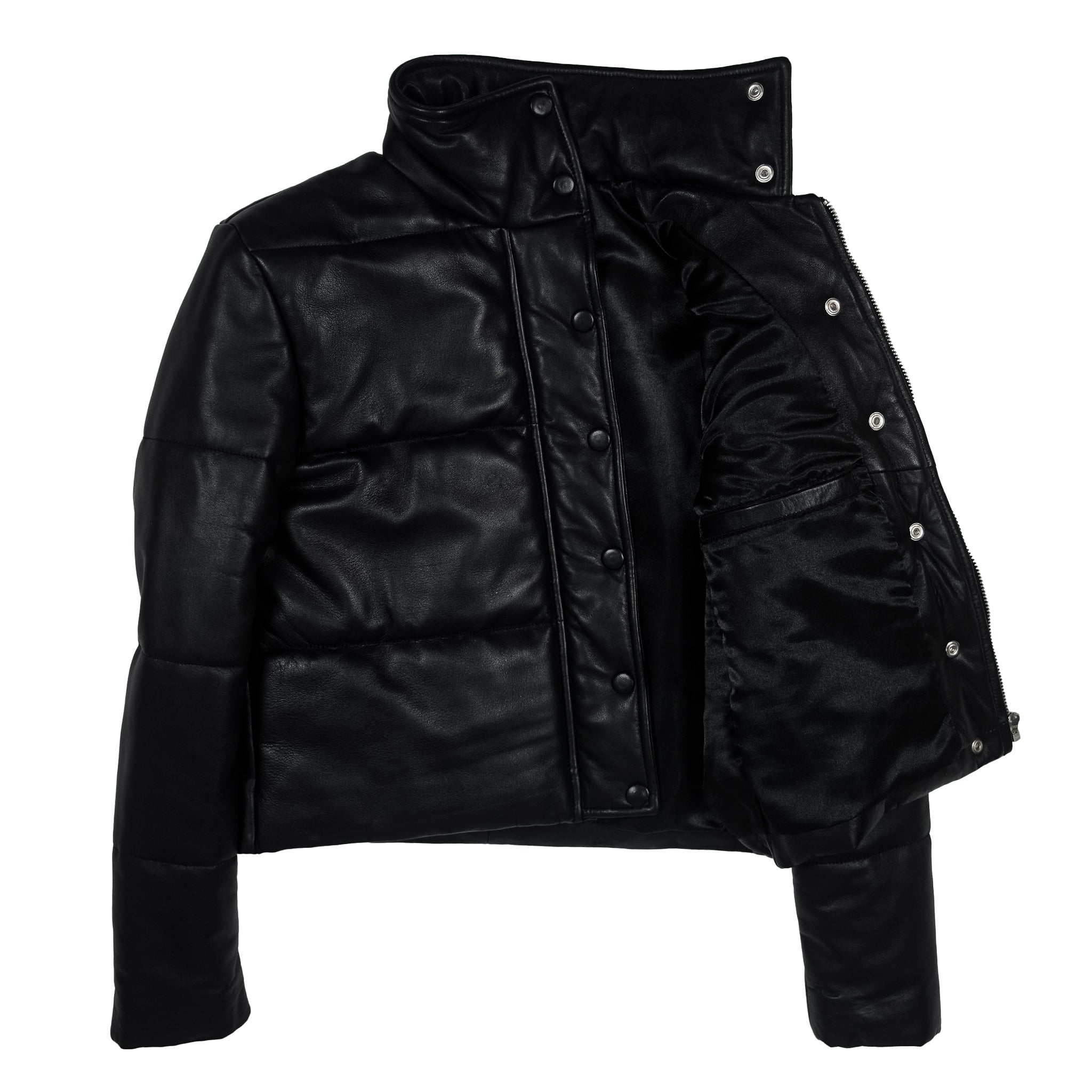 Black Puffer Leather Jacket-3