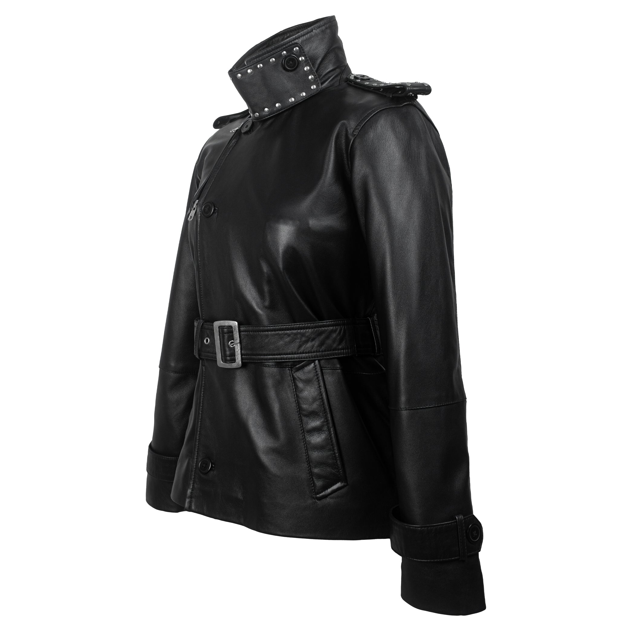 Black Studded Leather Trench Jacket