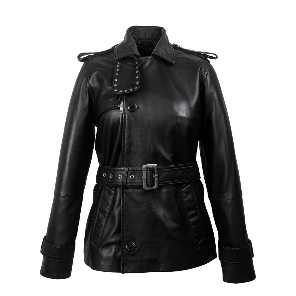 Black Studded Leather Trench Jacket