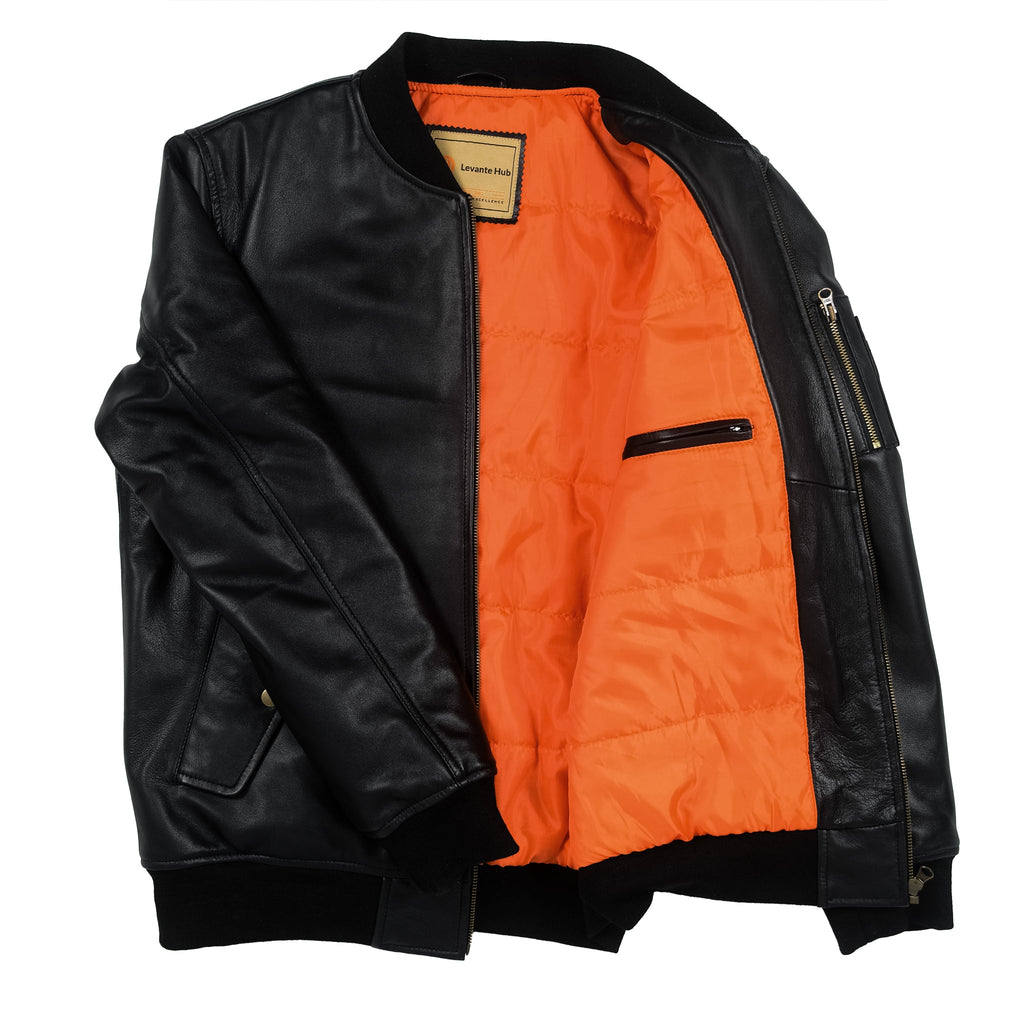 Black Classic Sheep Leather Bomber Jacket