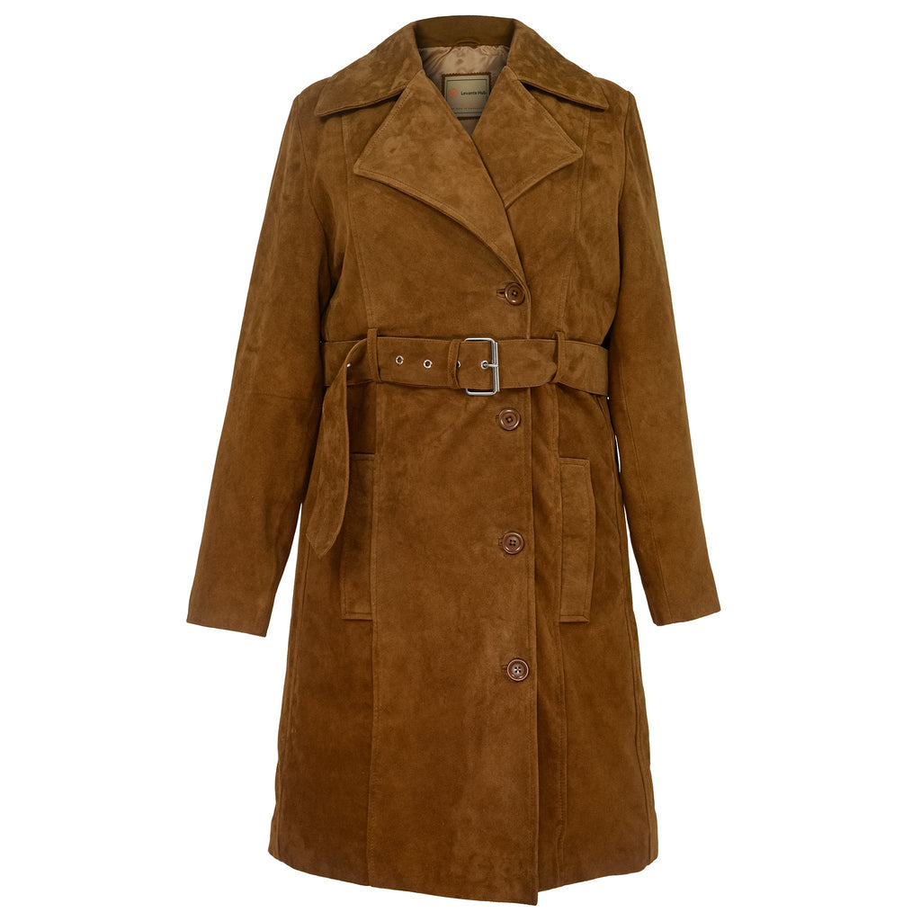 Women's Caramel Brown Suede Trench Coat-0