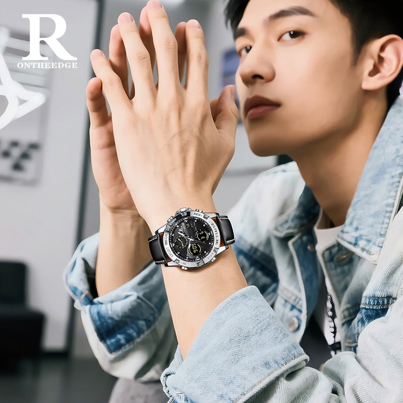 Cross-border New Multi-functional Dual Display Disc Watch Men's Leather Quartz Watch Student Trendy Waterproof Electronic Watch