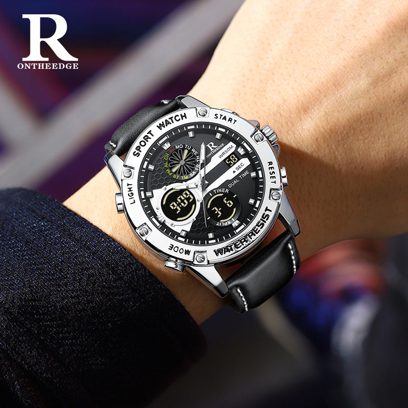 Cross-border New Multi-functional Dual Display Disc Watch Men's Leather Quartz Watch Student Trendy Waterproof Electronic Watch