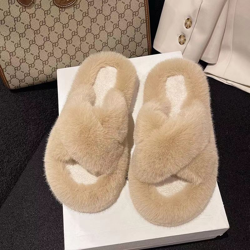 Small Thick-soled Fluffy Slippers Women's Outer Wear Autumn And Winter New Cross Strap High-grade Fluffy Warm Cotton Shoes