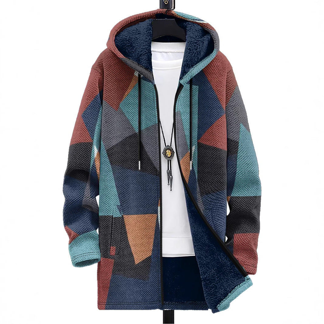 Cross-Border Retro Series Multi-Color Pattern 3D Printing Digital Printing Hooded Sweatshirt Brown Lining Cotton Jacket