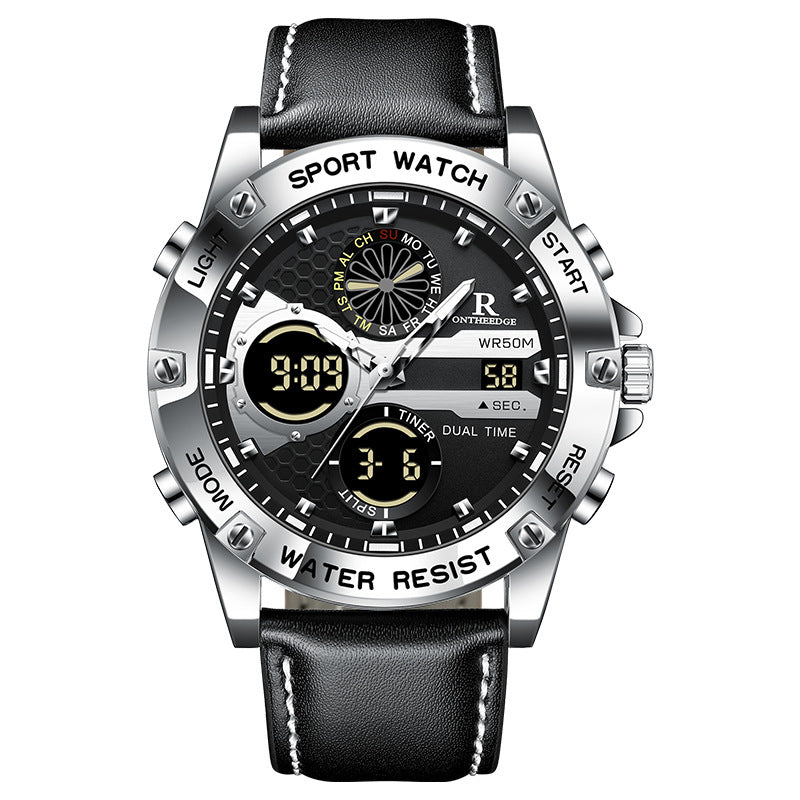 Cross-border New Multi-functional Dual Display Disc Watch Men's Leather Quartz Watch Student Trendy Waterproof Electronic Watch