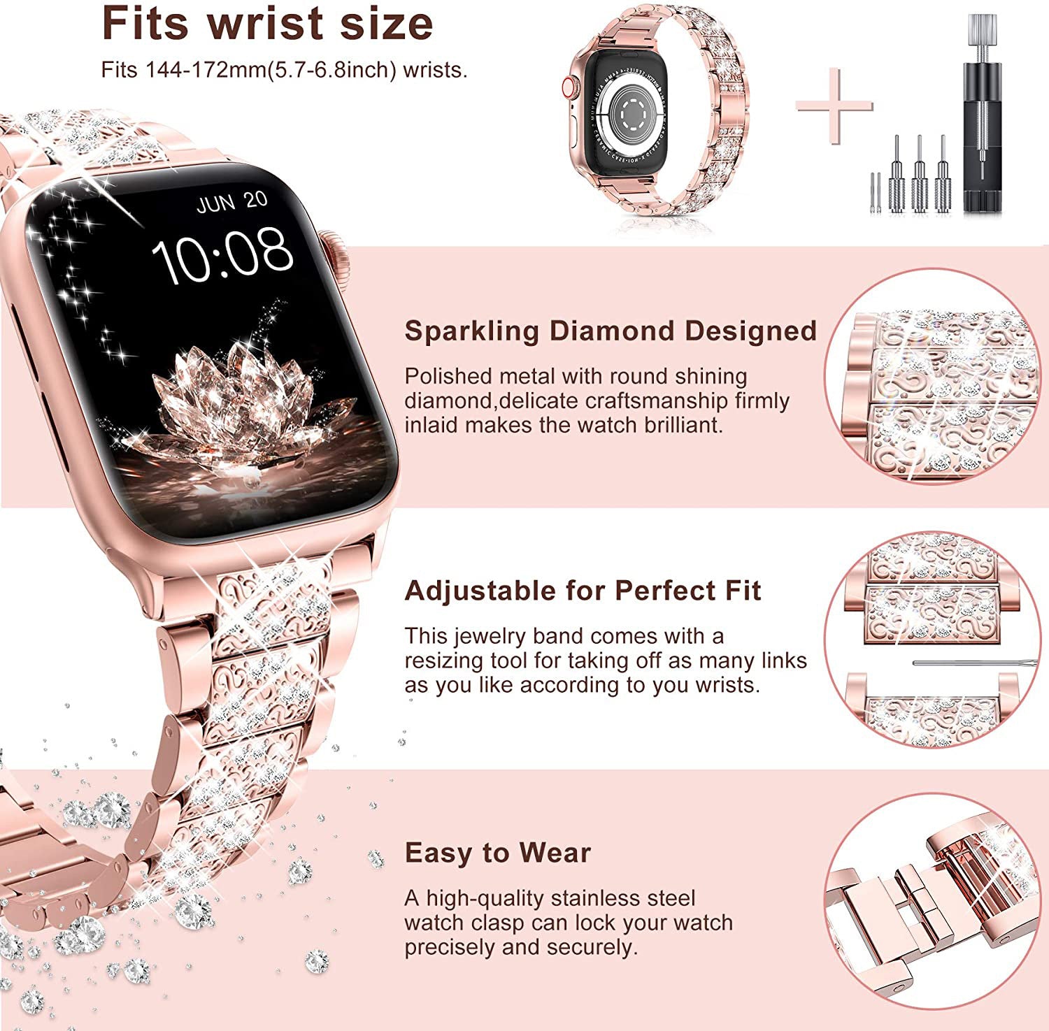 Suitable For Iwatch Straps. Three-bead Diamond-encrusted Zinc Alloy Apple Watch Straps. Applewatch Straps Are Exclusively Available Across Borders.