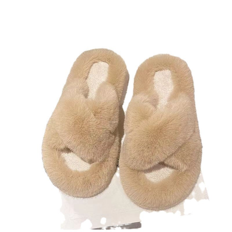 Small Thick-soled Fluffy Slippers Women's Outer Wear Autumn And Winter New Cross Strap High-grade Fluffy Warm Cotton Shoes
