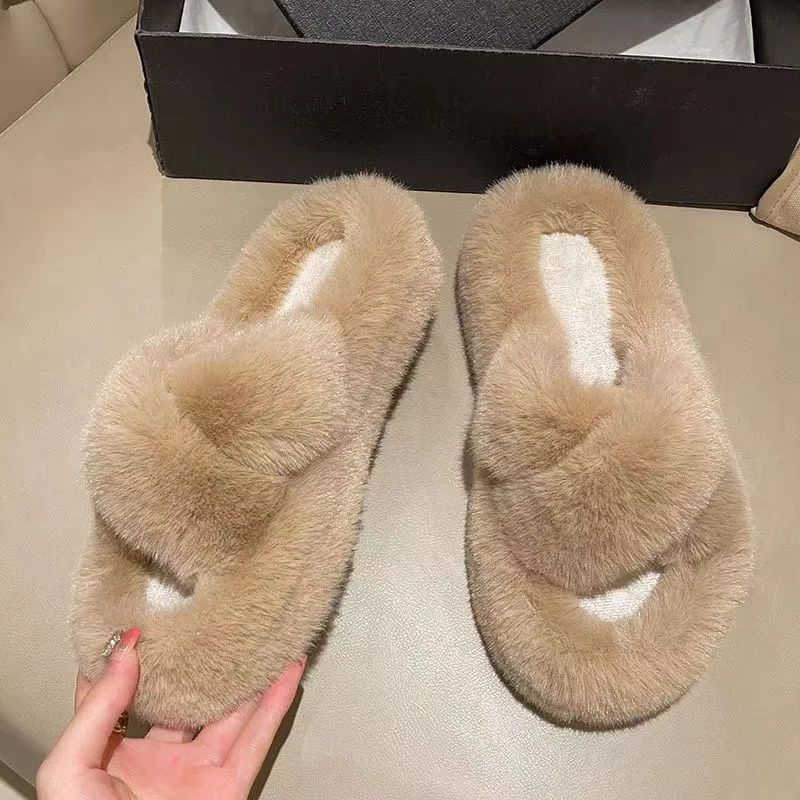 Small Thick-soled Fluffy Slippers Women's Outer Wear Autumn And Winter New Cross Strap High-grade Fluffy Warm Cotton Shoes