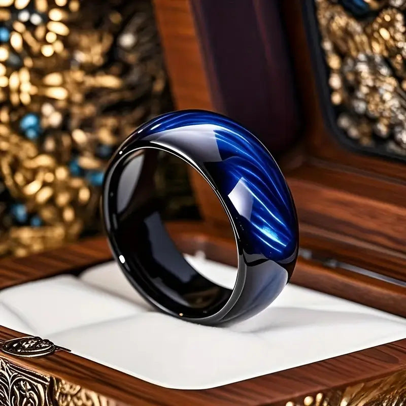 Cross-Border New Men's Ring With Blue Tiger Eye Stone Inlay, Stainless Steel Jewelry Wholesale, Black Blue Aurora Spherical Shape