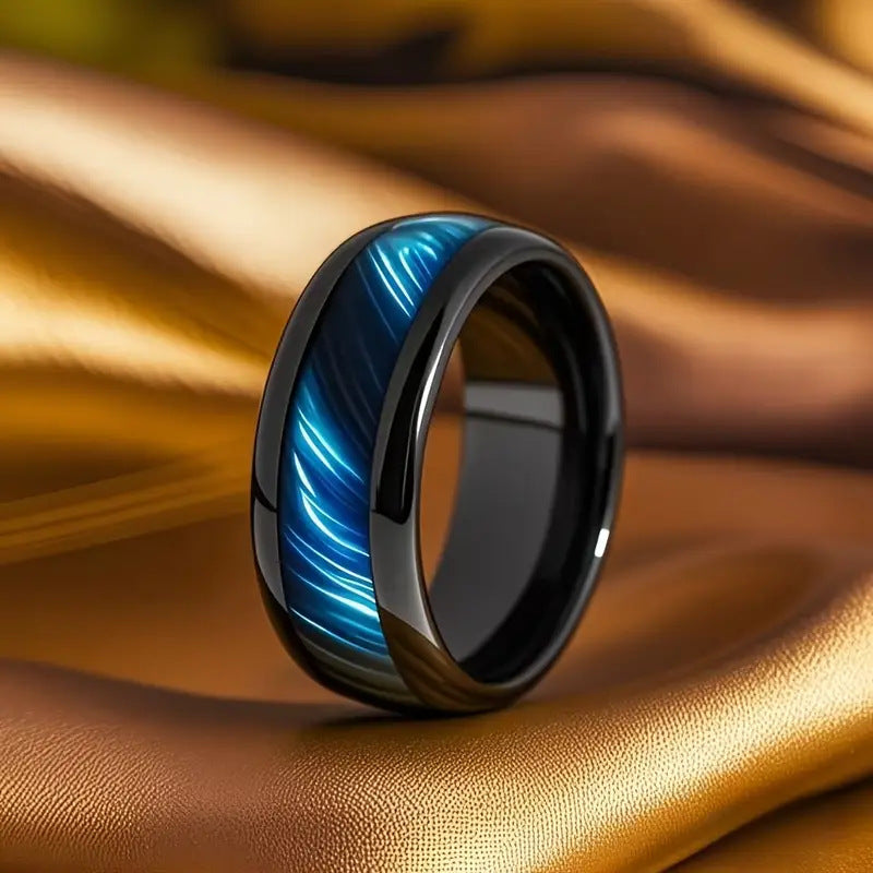 Cross-Border New Men's Ring With Blue Tiger Eye Stone Inlay, Stainless Steel Jewelry Wholesale, Black Blue Aurora Spherical Shape