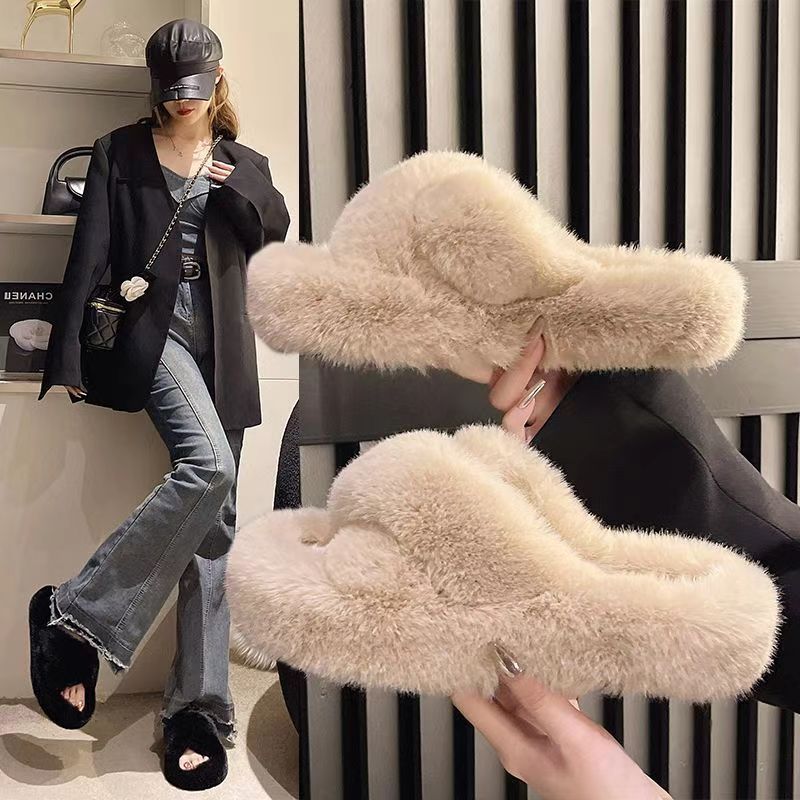 Small Thick-soled Fluffy Slippers Women's Outer Wear Autumn And Winter New Cross Strap High-grade Fluffy Warm Cotton Shoes