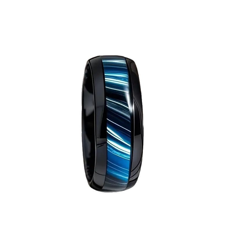Cross-Border New Men's Ring With Blue Tiger Eye Stone Inlay, Stainless Steel Jewelry Wholesale, Black Blue Aurora Spherical Shape
